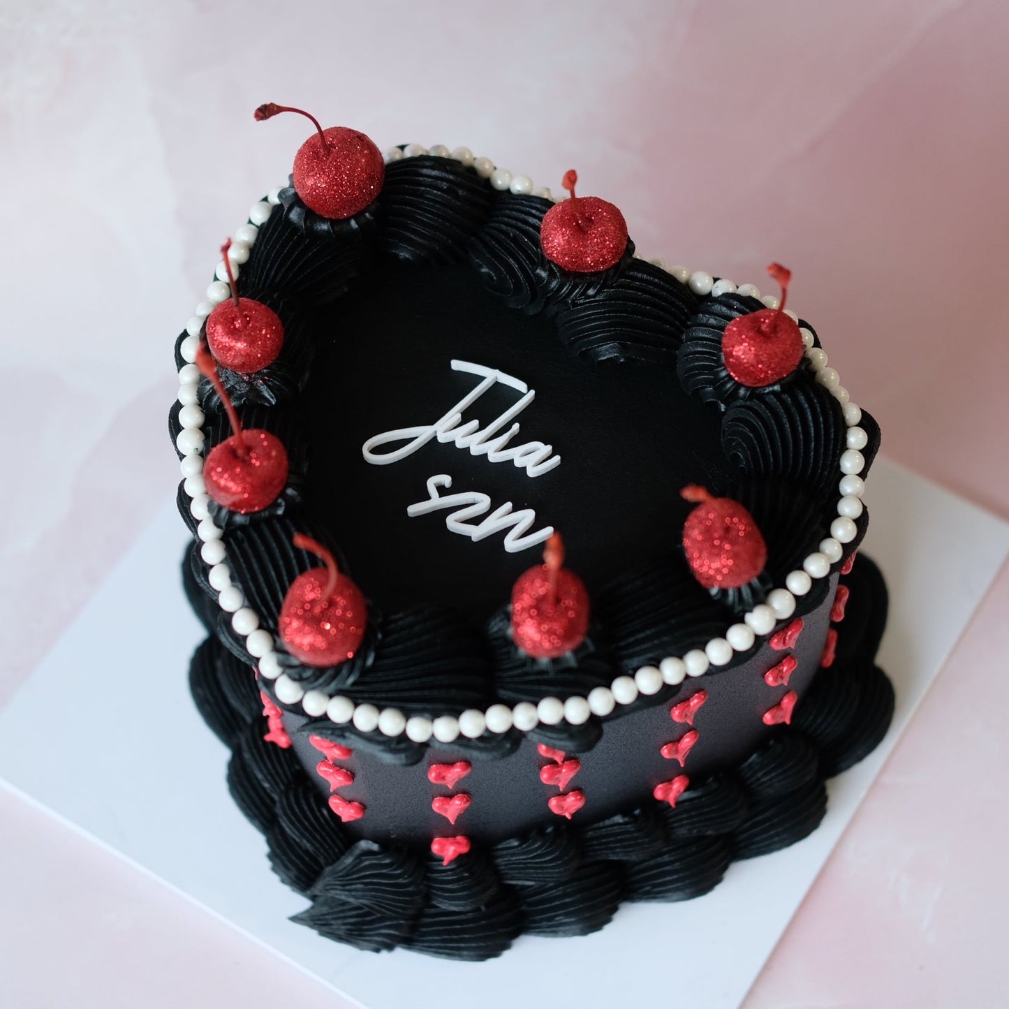 Vintage Heart Cake | Mini Hearts & Cherries Crowned in Pearls