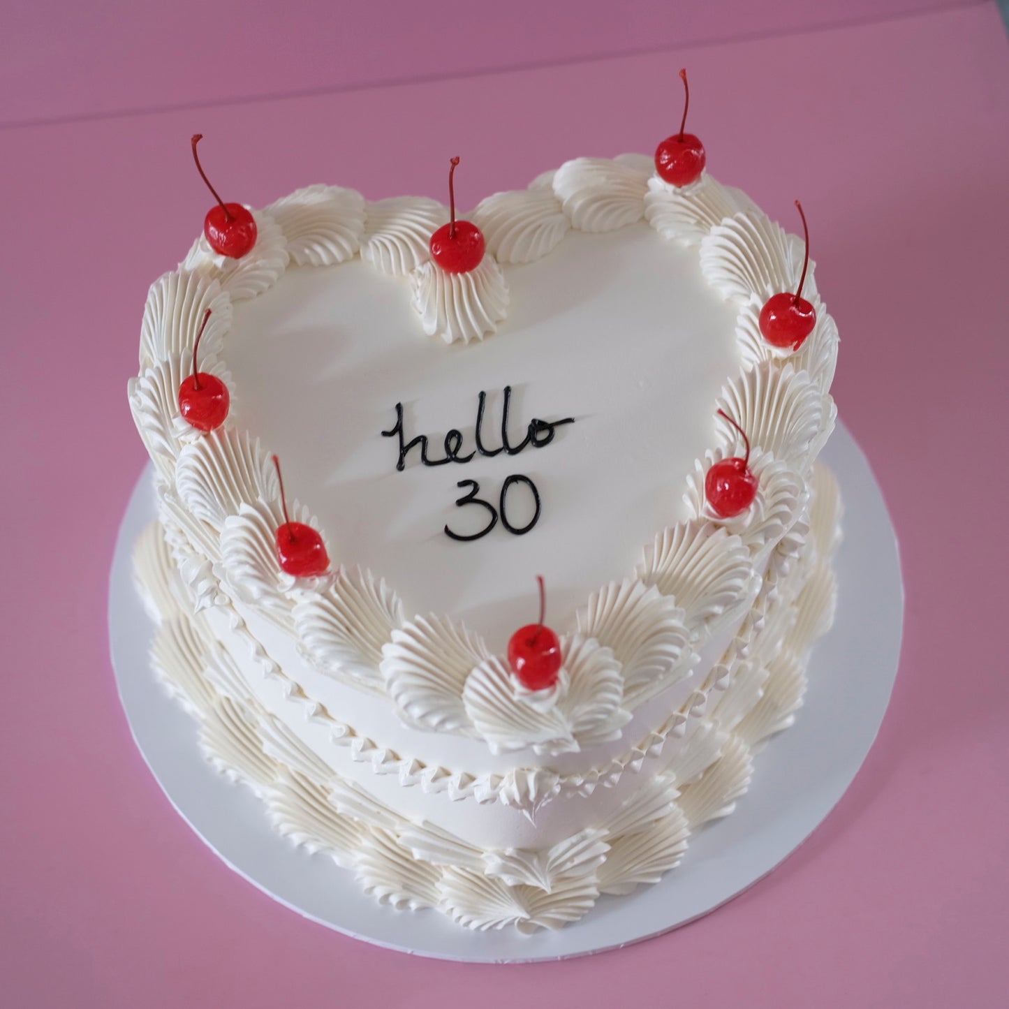 Vintage Heart Cake | White Monochrome & Cherries