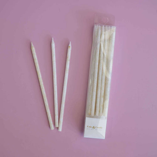 Tall White & Gold Glitter Birthday Candles (15cm)