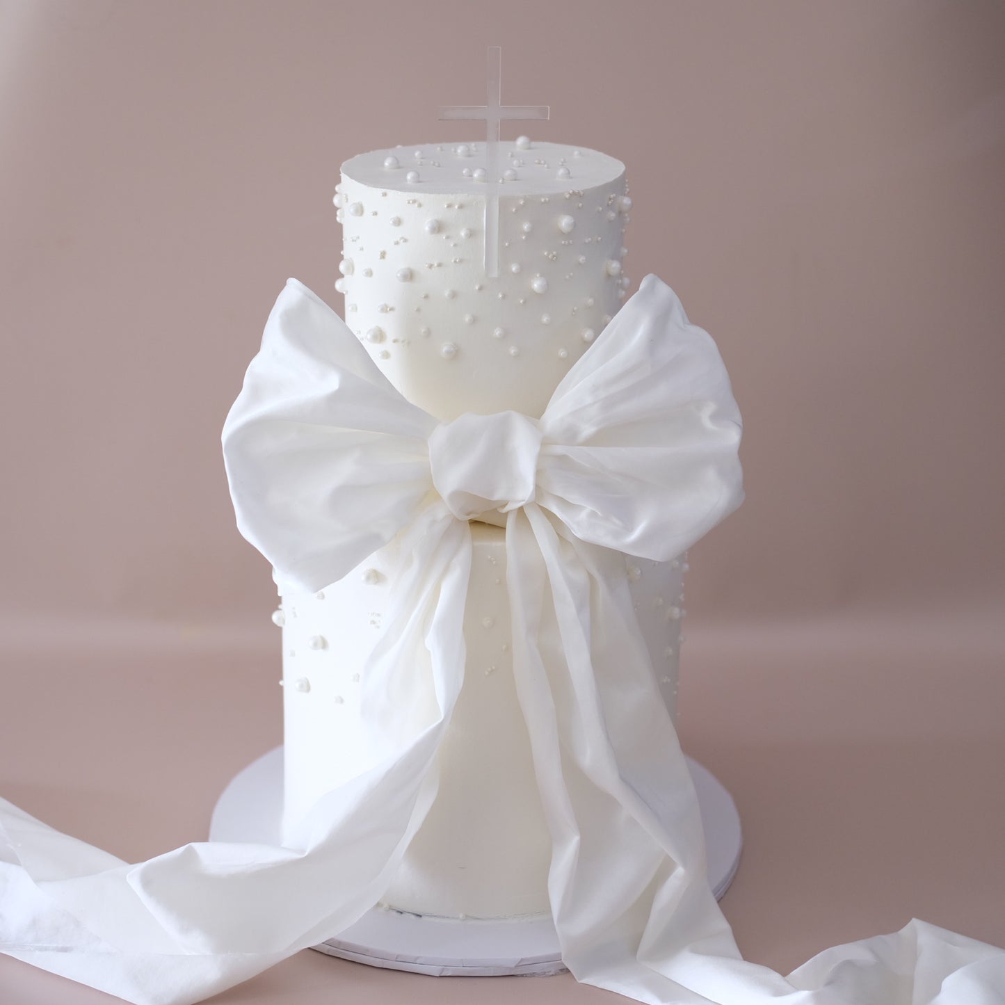 White Pearl & Bow 2 Tier Cake