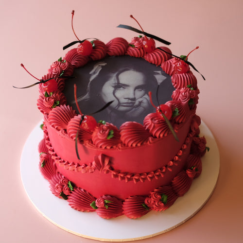 Vintage Round Cake | Edible Image Rosette & Cherries