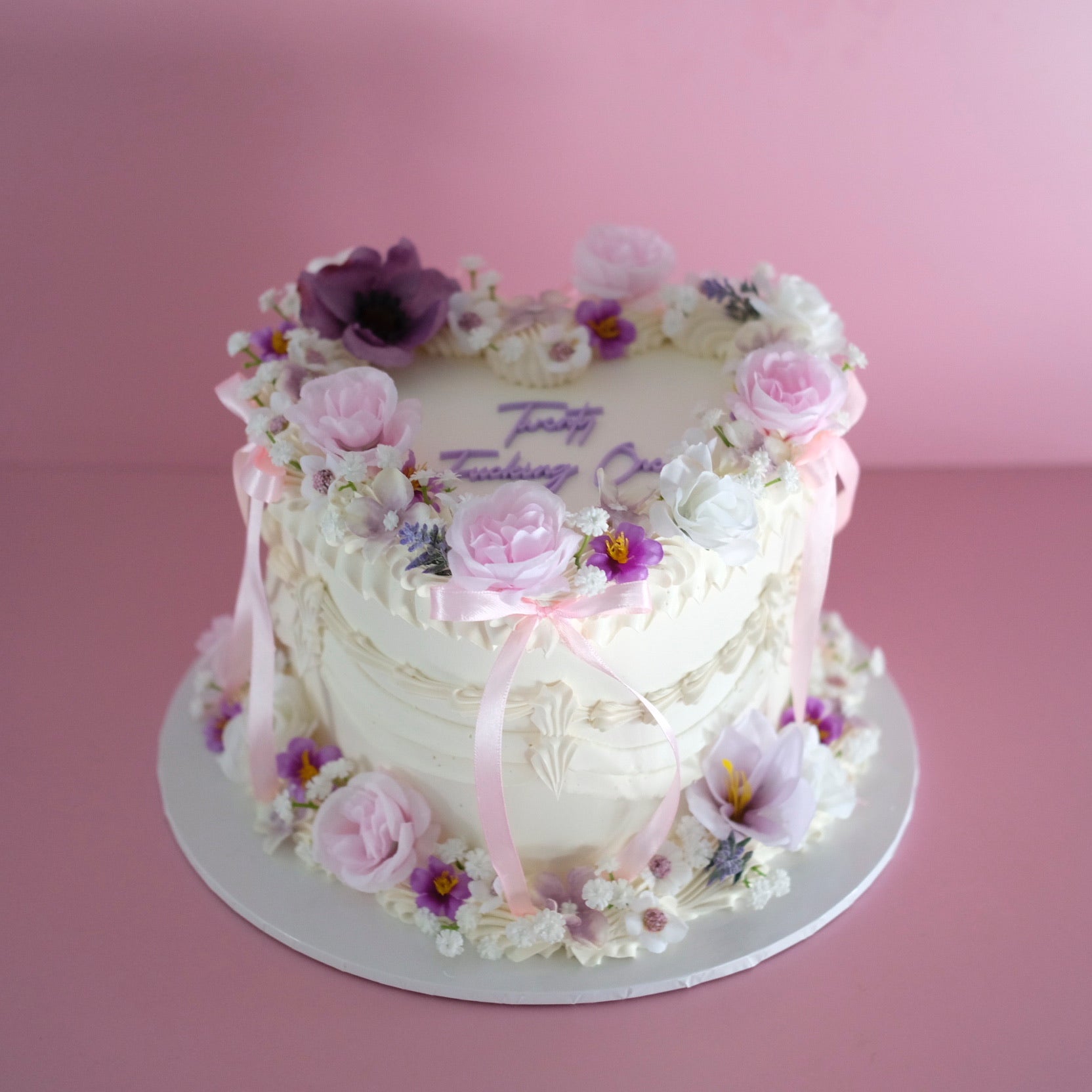 Full Bloom Enchanted Heart Coquette Vintage Cake | PUR-PINK