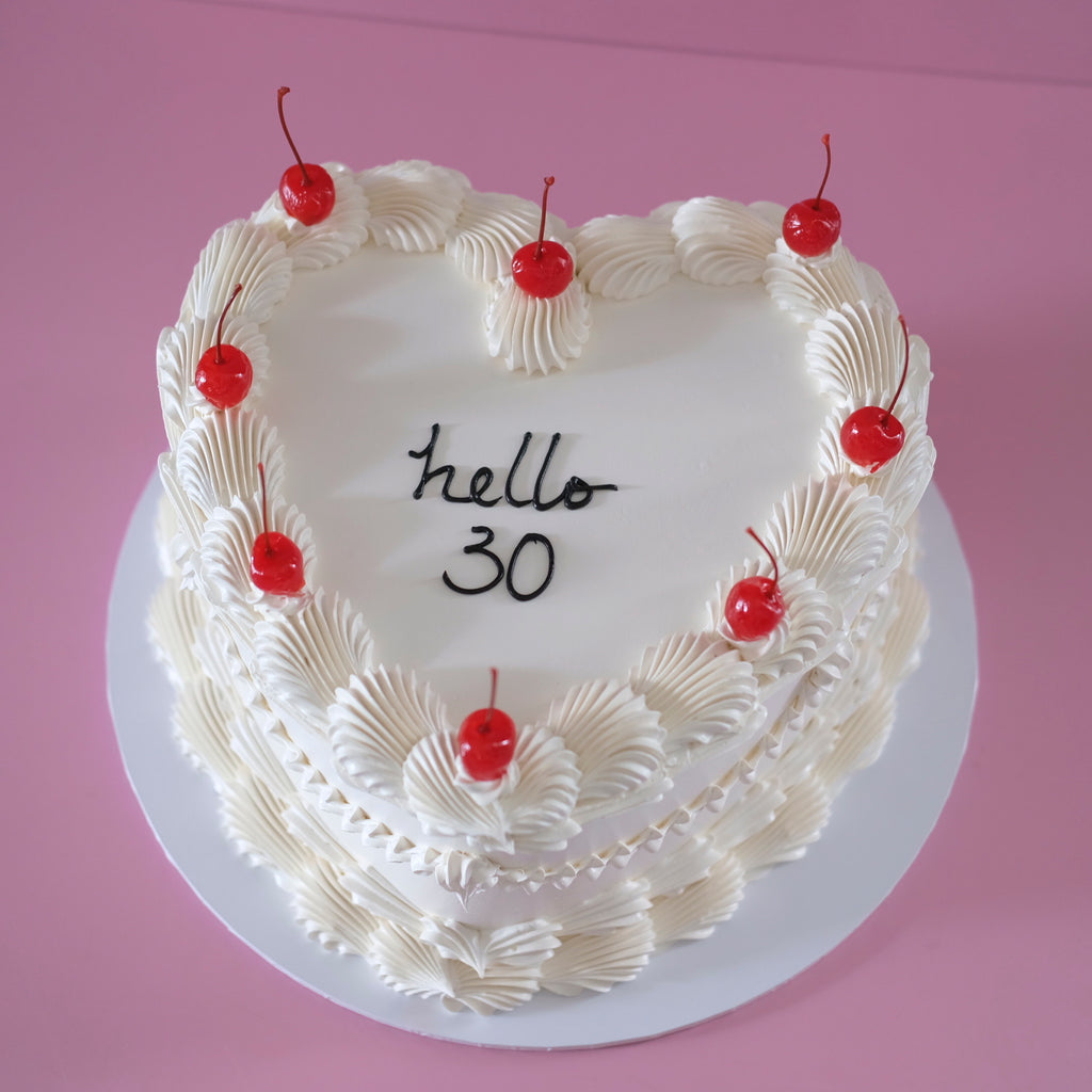 Vintage Heart Cake | White Monochrome & Cherries