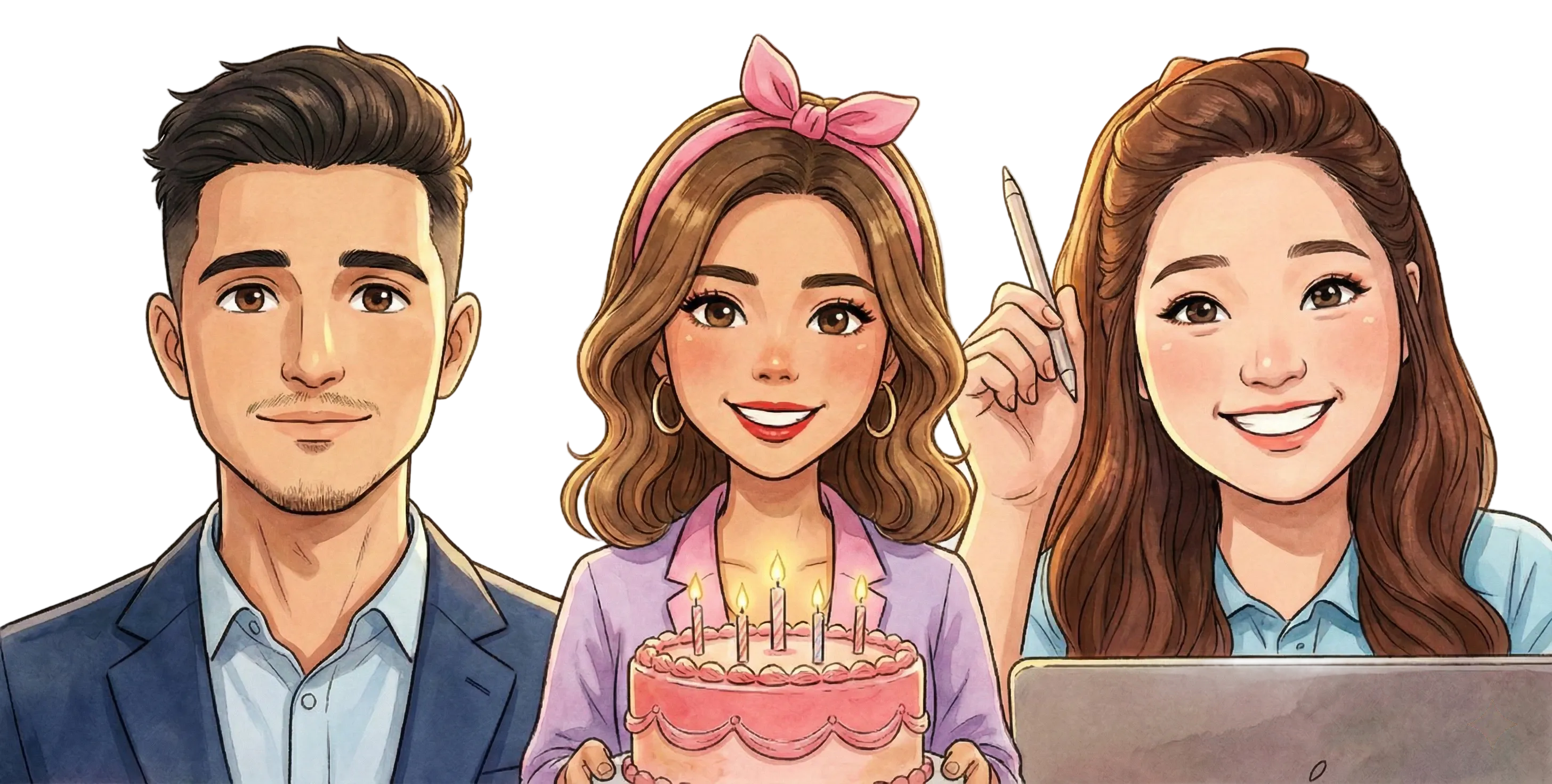 Three animated characters celebrating a birthday with a cake.