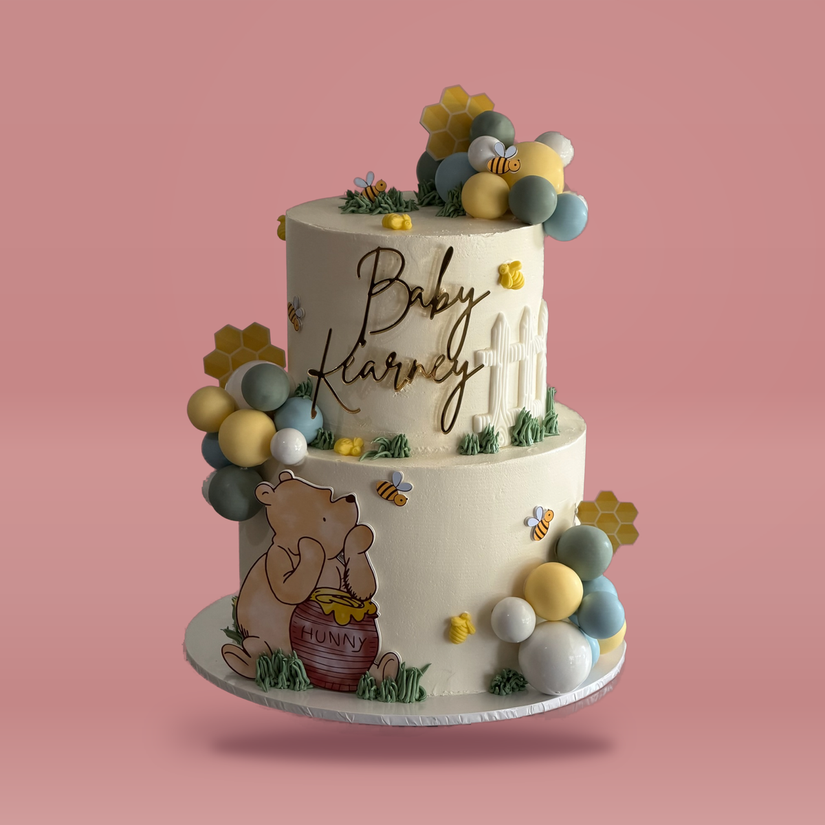 Winnie the Pooh Themed Cake 2 Tiers - honey pot bear bees honeycomb and sphere clusters Brisbane