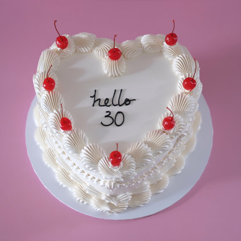 Vintage Heart Cake | White Monochrome & Cherries