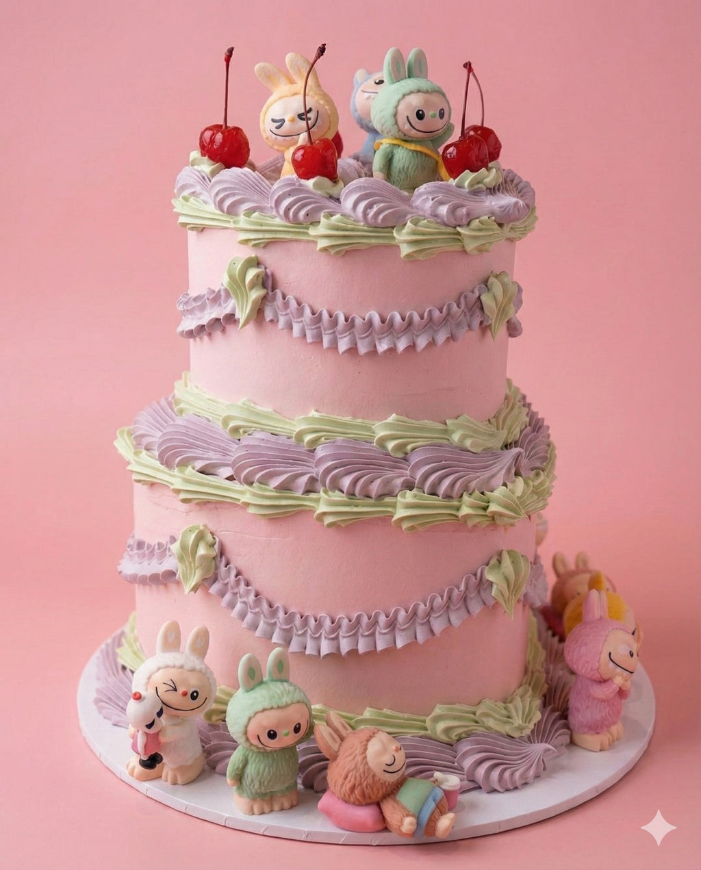 Labubu Cherry Heart Vintage Cake | 2 Tiers