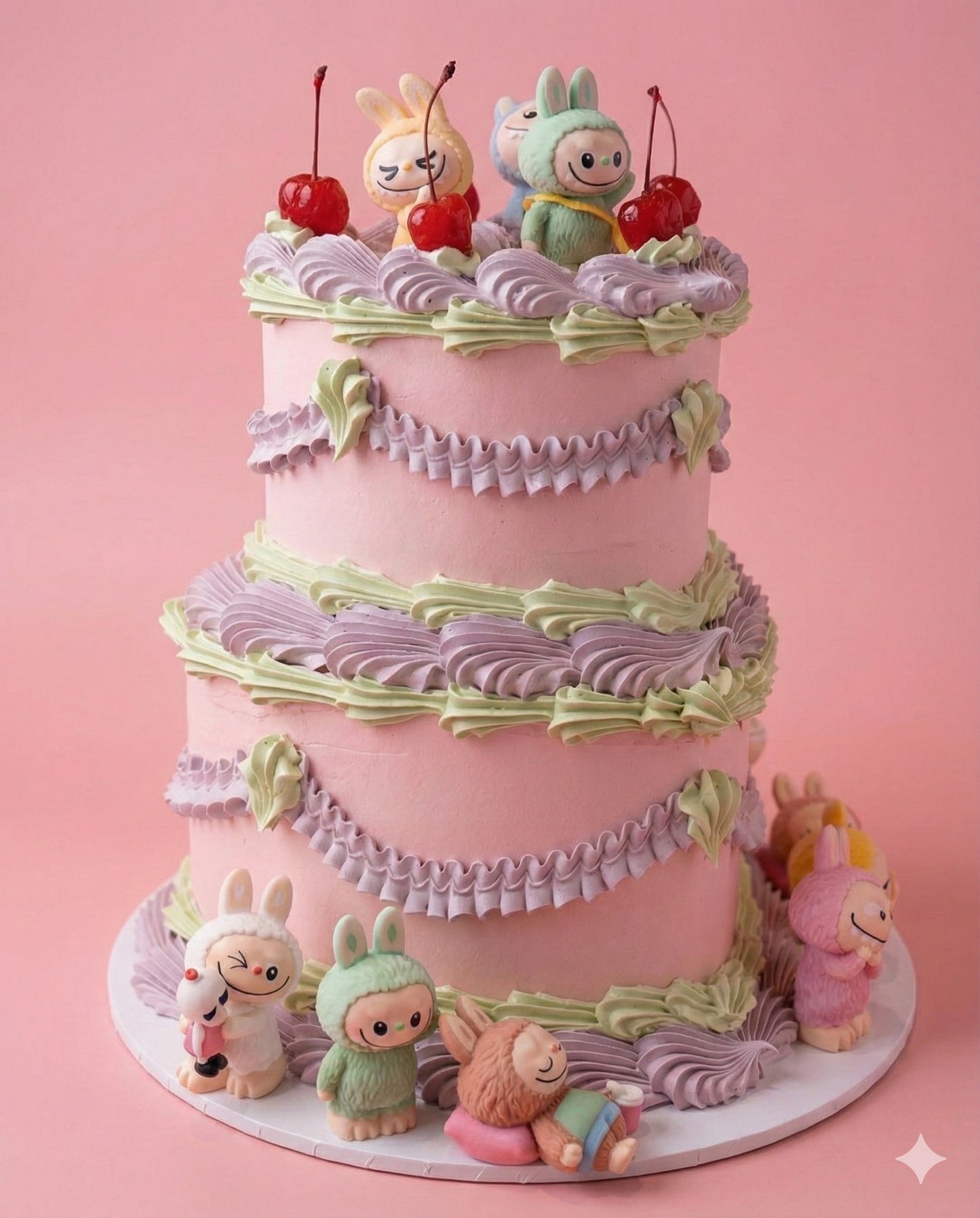 Labubu Cherry Heart Vintage Cake | 2 Tiers