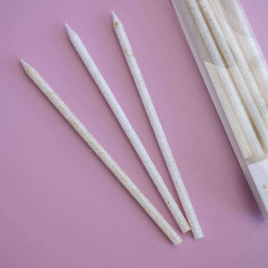 Tall White & Gold Glitter Birthday Candles