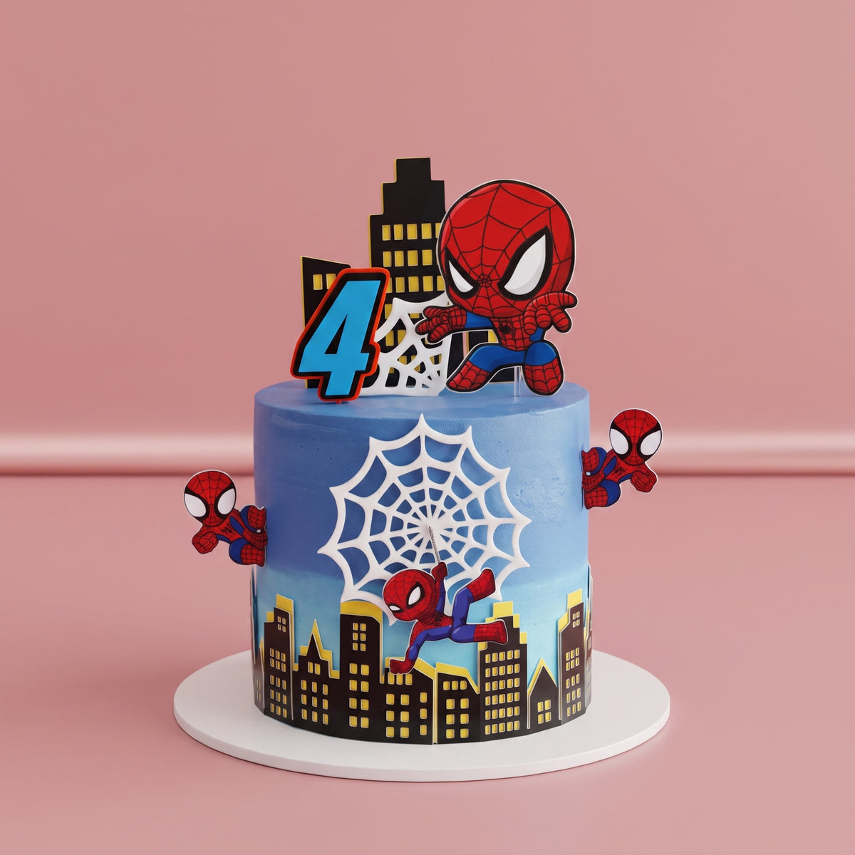 Spiderman Themed Cake - city skyline wrap with web detail and hero toppers Brisbane