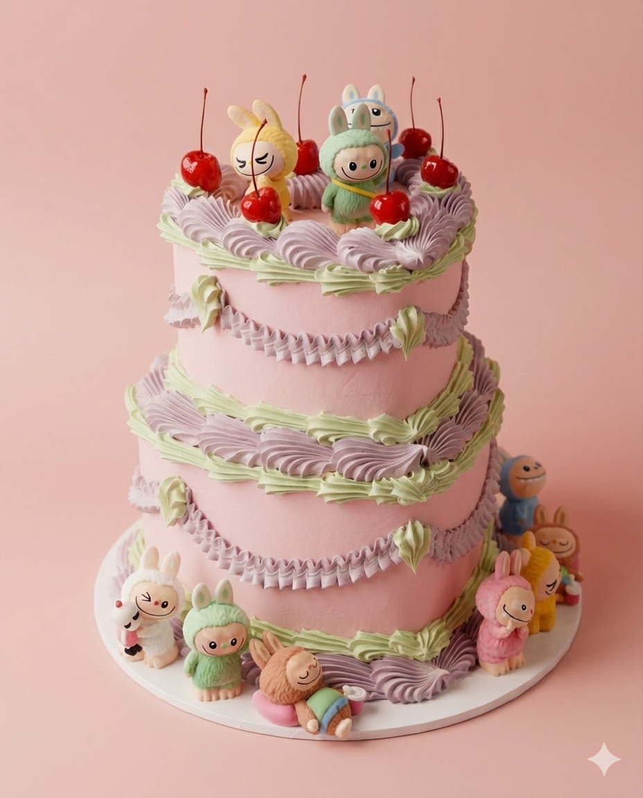 Labubu Cherry Heart Vintage Cake | 2 Tiers