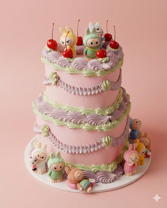 Labubu Cherry Heart Vintage Cake | 2 Tiers