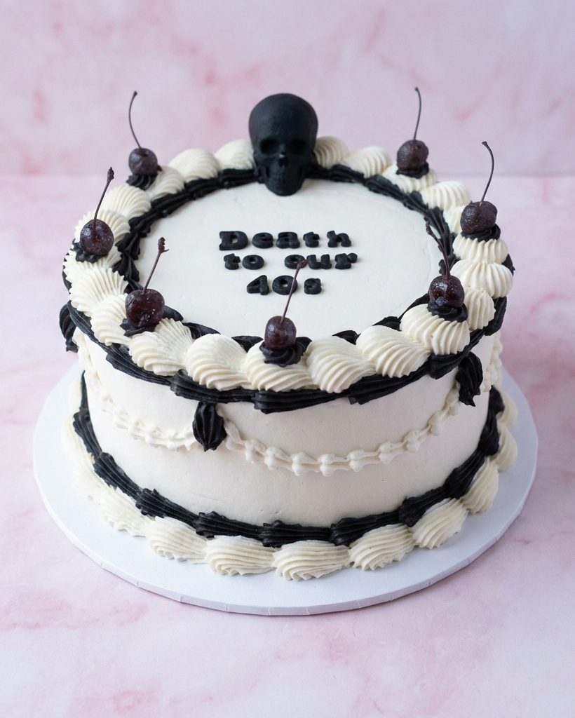birthday cake with skull and cherries on a pink background