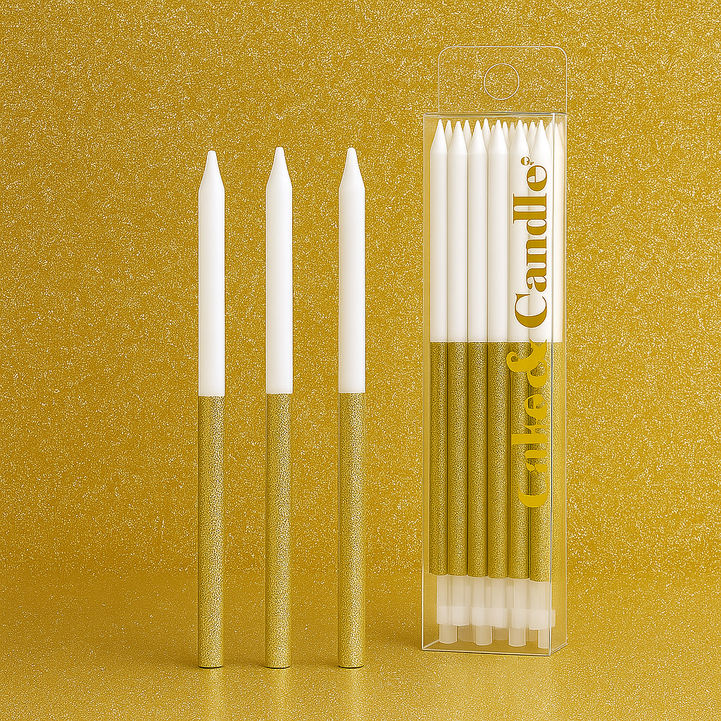 hald gold dipped candles on a gold glitter background