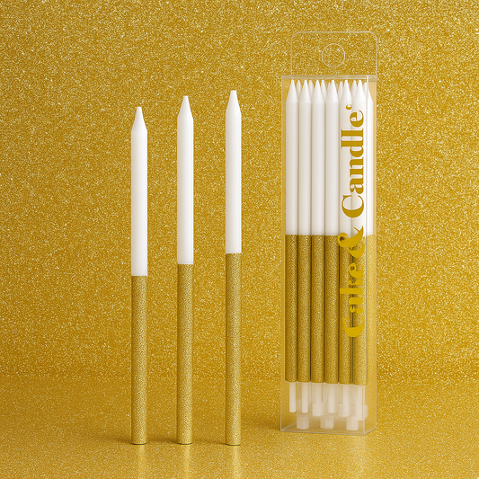 White candles with gold bases and a clear packaging of candles on a gold glittery background.