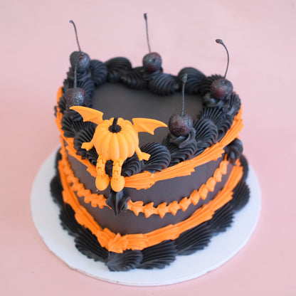 Halloween Themed Vintage Heart Cake - Winged Pumpkin & Cherries