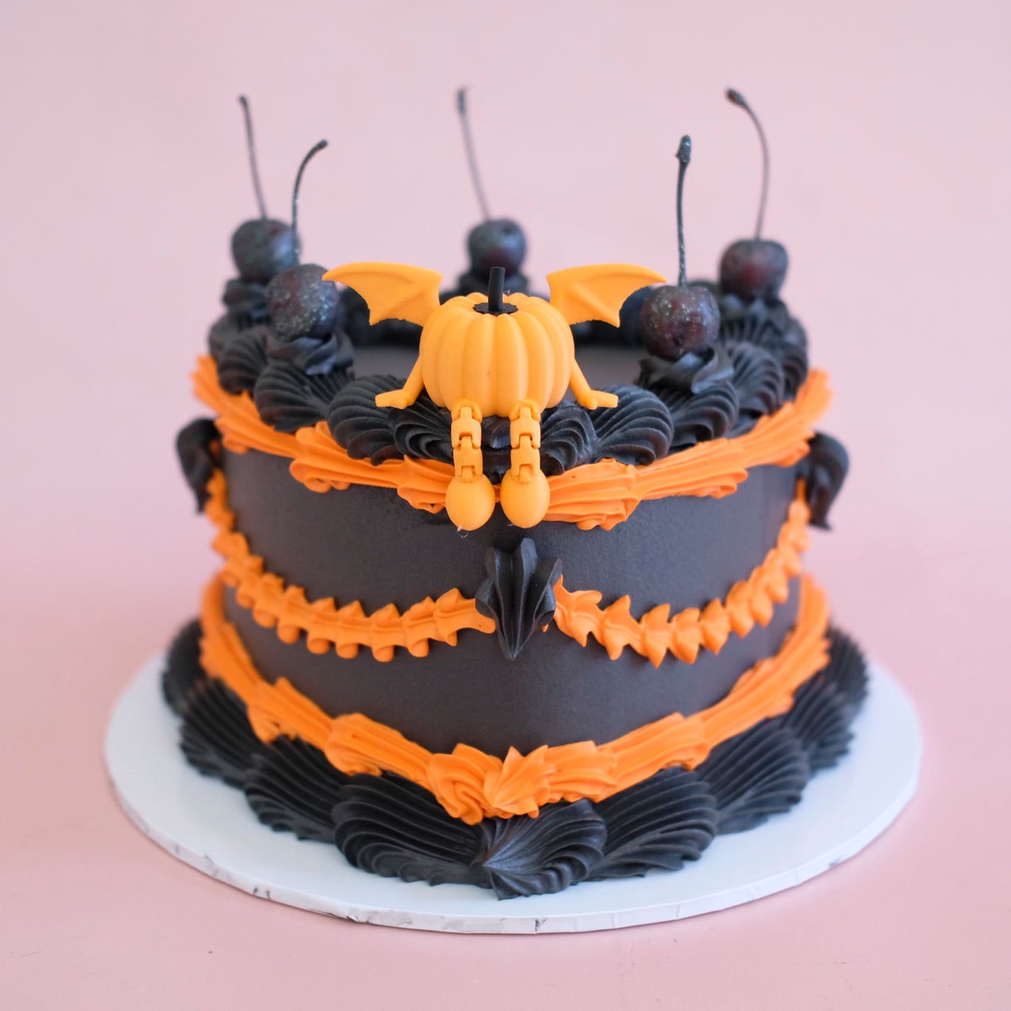 Halloween Themed Vintage Heart Cake - Winged Pumpkin & Cherries