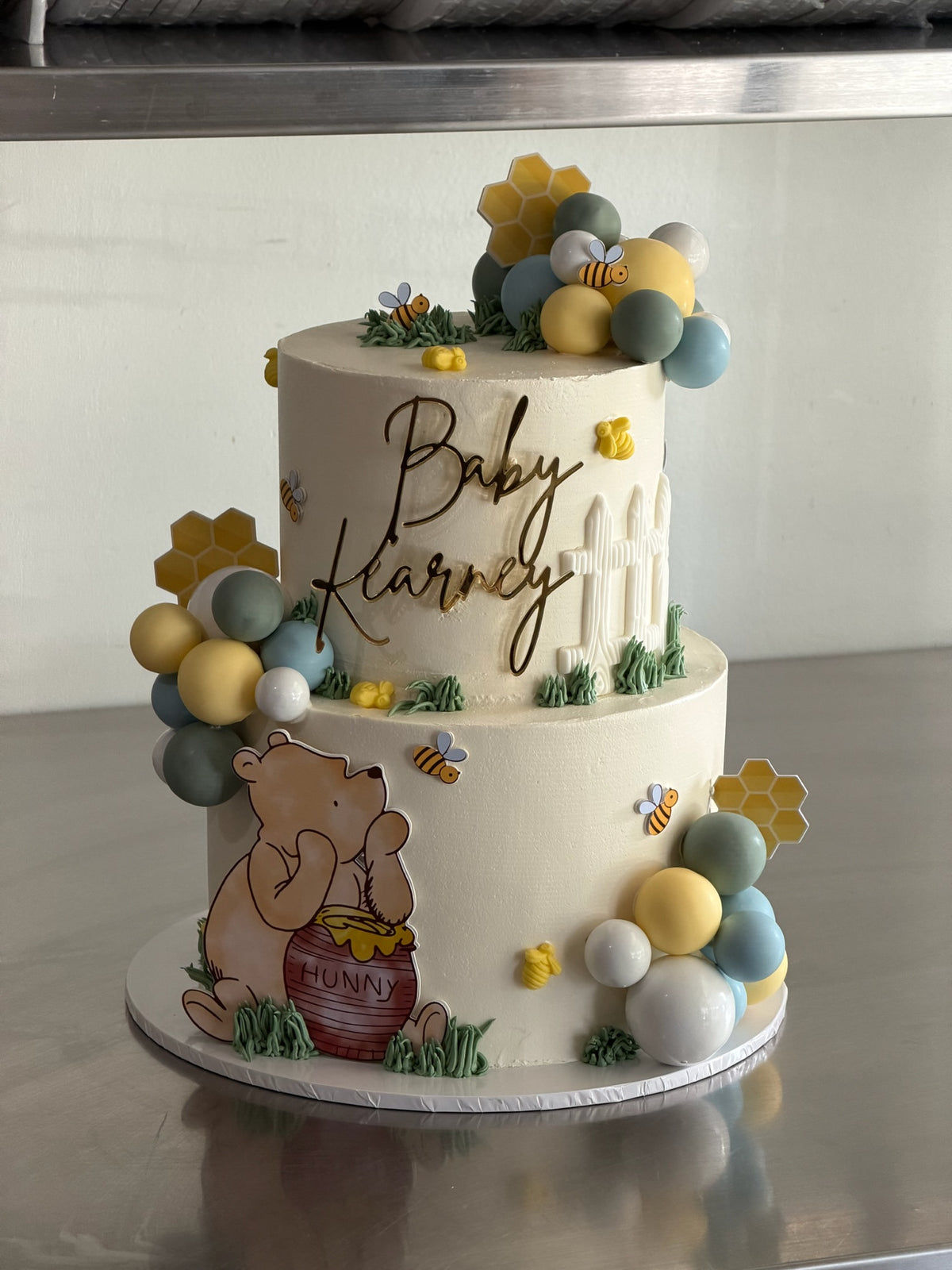 Winnie the Pooh Themed Cake 2 Tiers - honey pot bear bees honeycomb and sphere clusters Brisbane