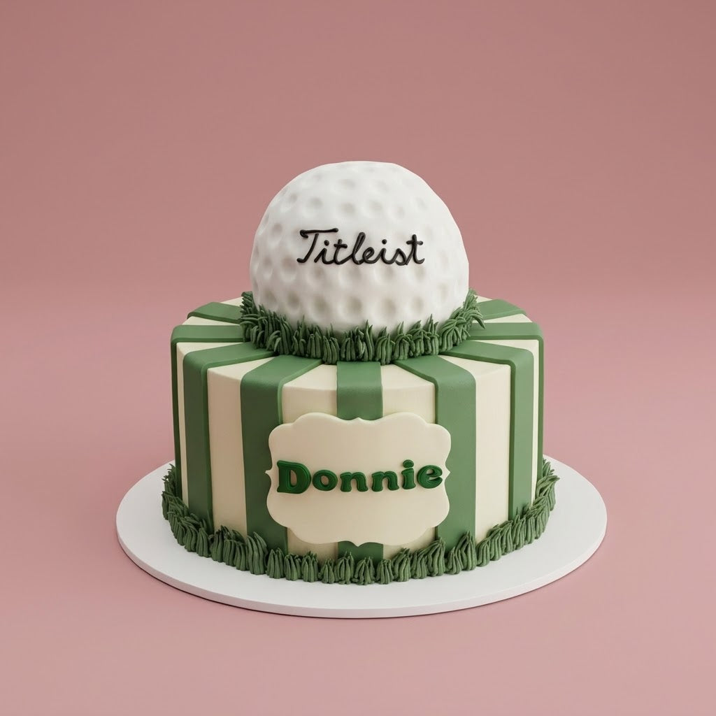 Golf Themed Cake - striped buttercream with sculpted golf ball topper and grass Brisbane