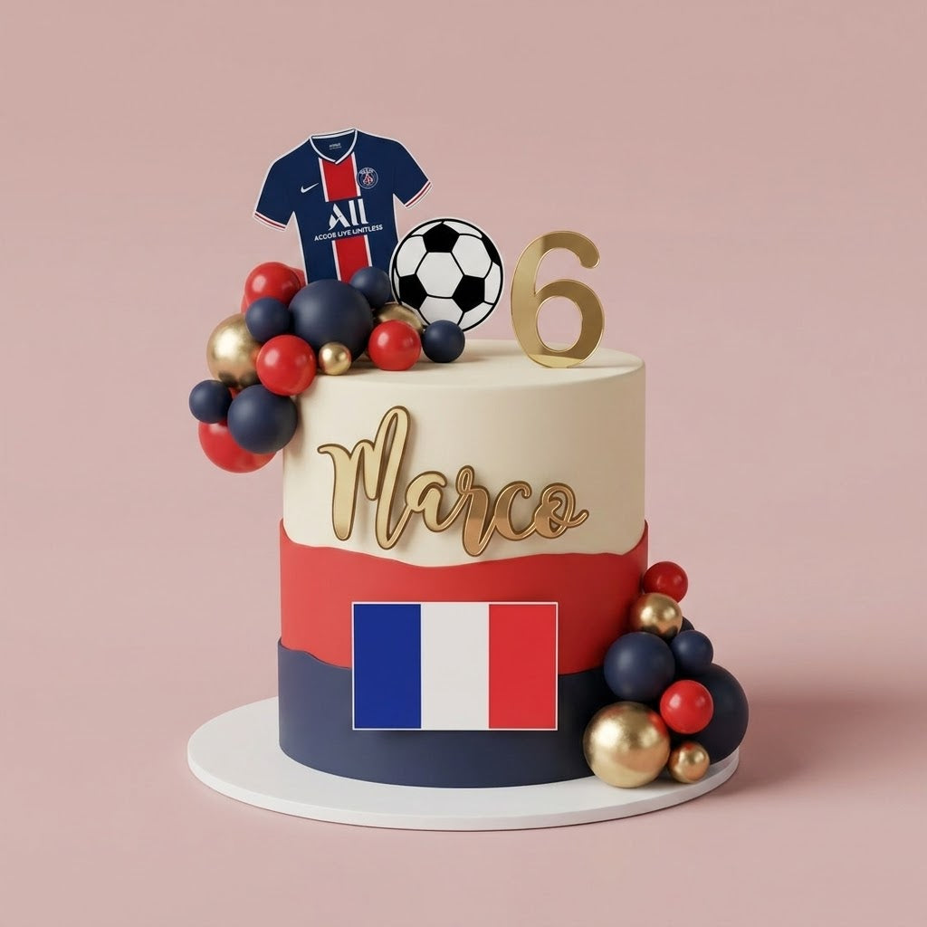 Soccer Themed Cake - jersey topper football flag and balloon cluster Brisbane