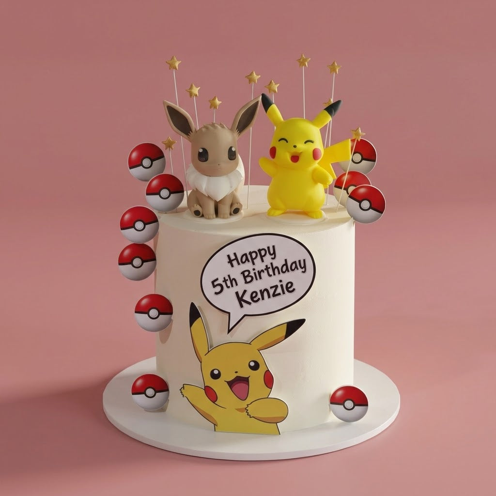 Pokemon Themed Cake - sculpted Pikachu and Eevee figures with pokeball toppers Brisbane