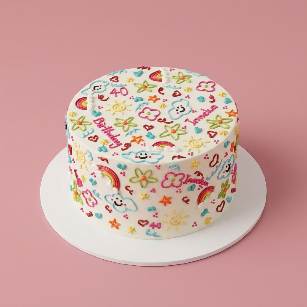 Sunshine and Rainbows Doodle Cake - hand-piped rainbows clouds daisies and hearts Brisbane