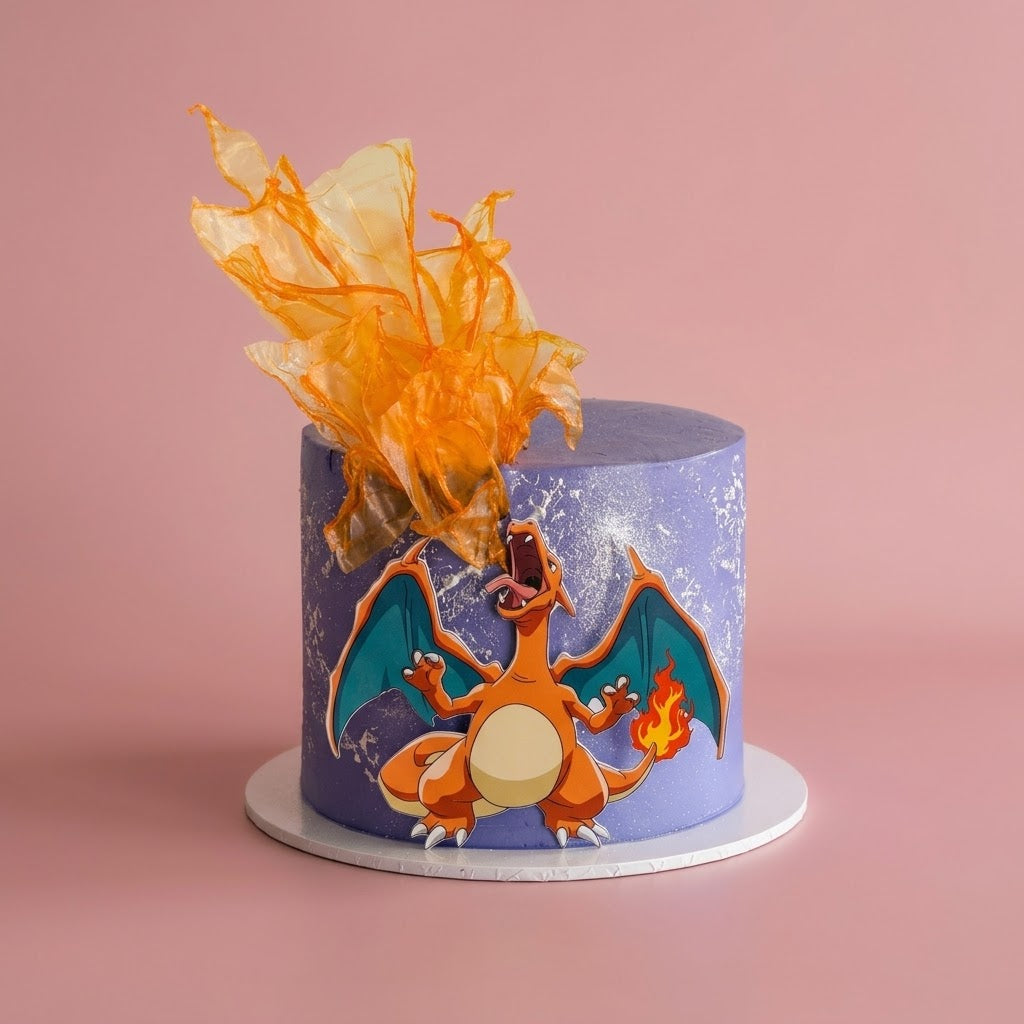 Charizard Themed Cake - watercolour finish with edible image and flame sail topper Brisbane