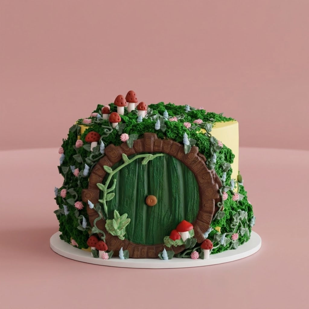 Hobbit House Themed Cake - sculpted round door with foliage toadstools and vines Brisbane