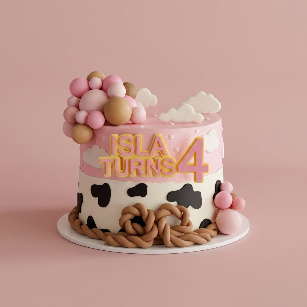 Cowgirl Themed Cake - cow print with balloon garland clouds and rope detail Brisbane