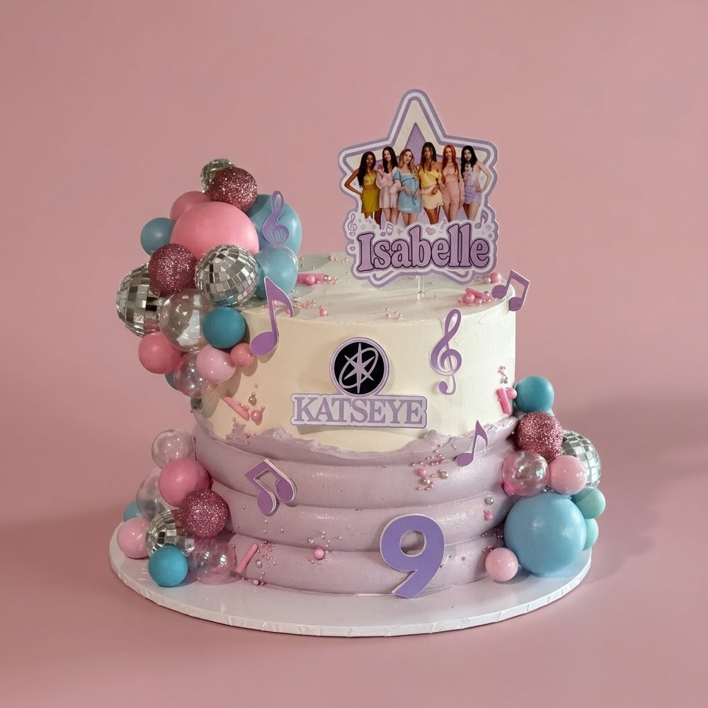 KATSEYE Themed Cake - layered buttercream with disco balls balloon garland and music notes Brisbane