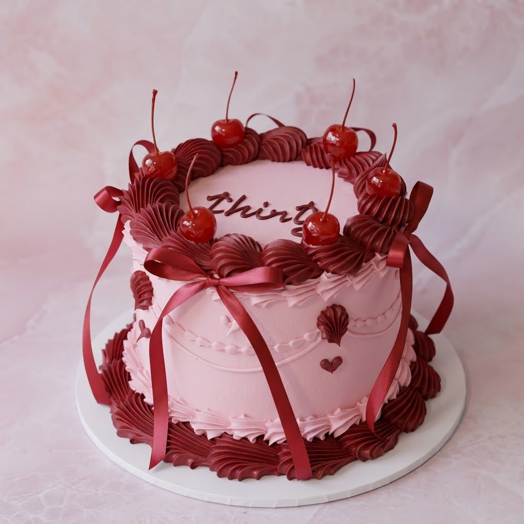 Vintage Heart Cake Cherries and Ribbons - shell piping glossy cherries and satin bows Brisbane