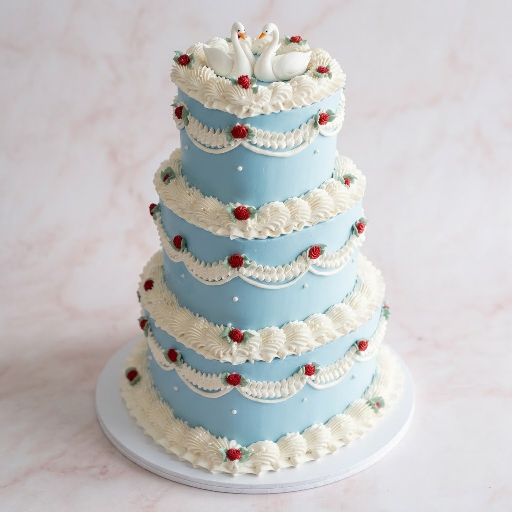 Wedding Cake Blue Lambeth Swans 3 Tiers - Lambeth piping swags rosebuds and swan topper Brisbane