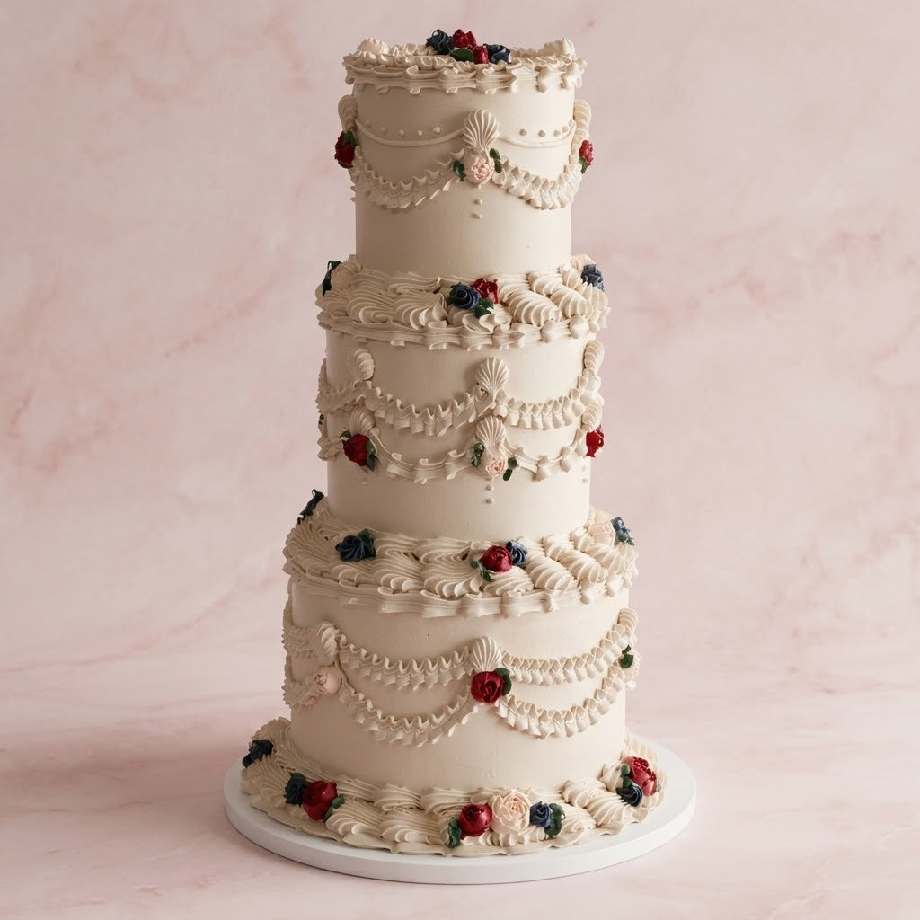 Wedding Cake Victorian Lambeth 3 Tiers - opulent swags shells and sugar florals Brisbane