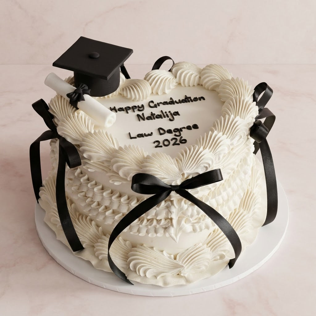 Vintage Heart Cake Graduation Lambeth - Lambeth piping satin bows and mortarboard topper Brisbane