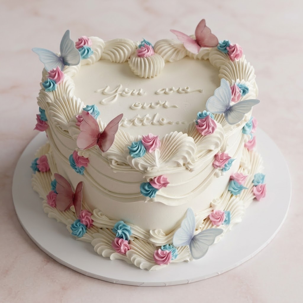 Vintage Heart Cake Butterfly Bloom - piped rosettes and wafer butterflies Brisbane