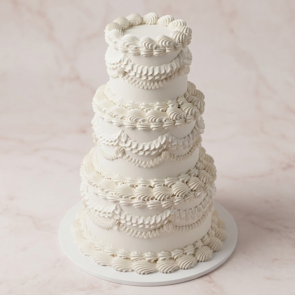 Wedding Cake White Lambeth 3 Tiers - tonal shell scallop and swag piping Brisbane