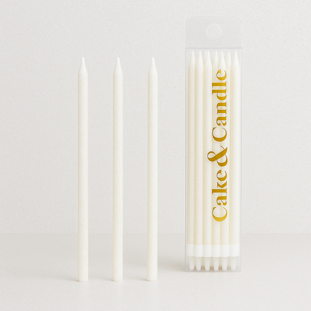 Set of white candles with gold text 'Cake & Candle' on a light gray background