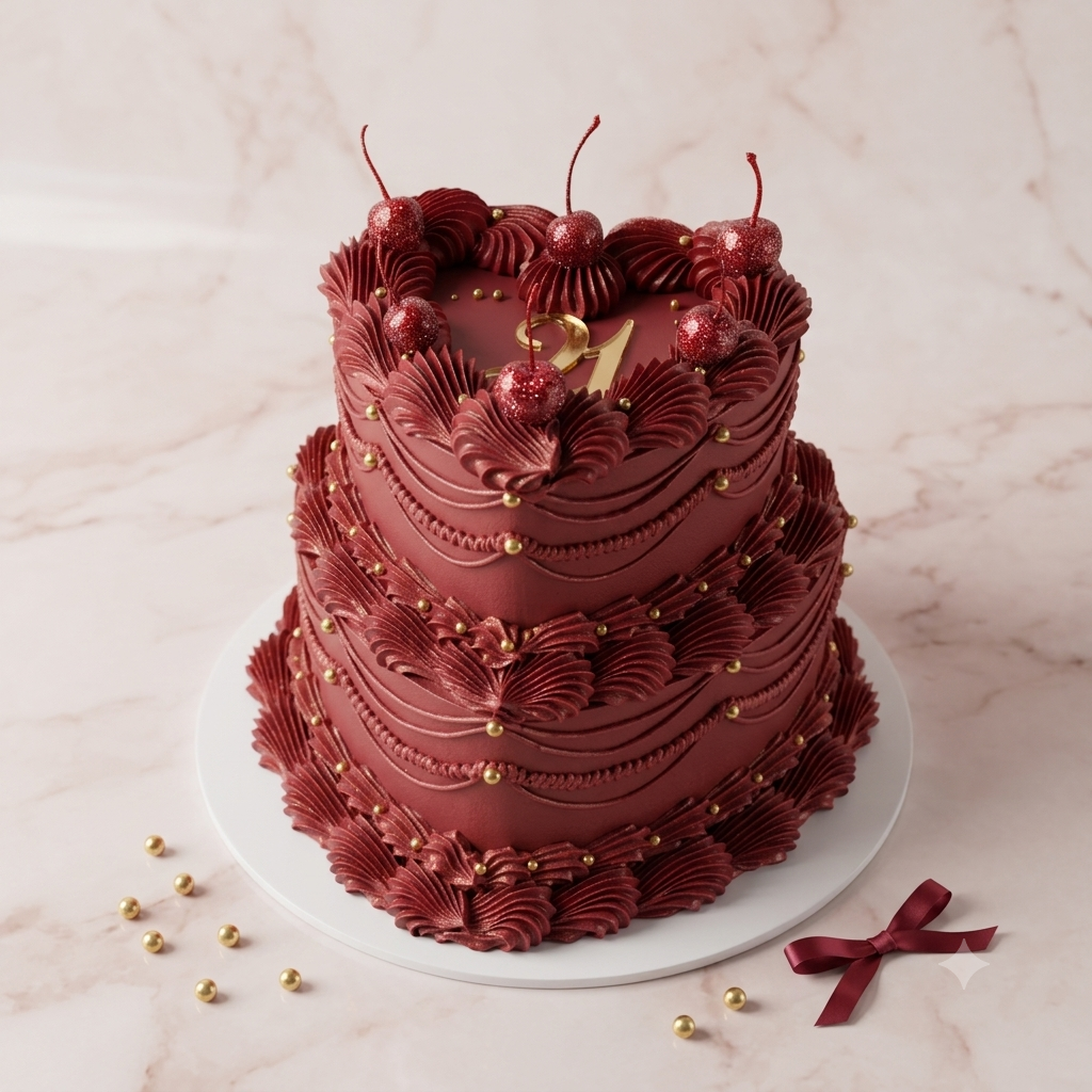 Gilded Bordeaux 2 Tier Vintage Heart Cake - heart silhouette with bow detail Brisbane