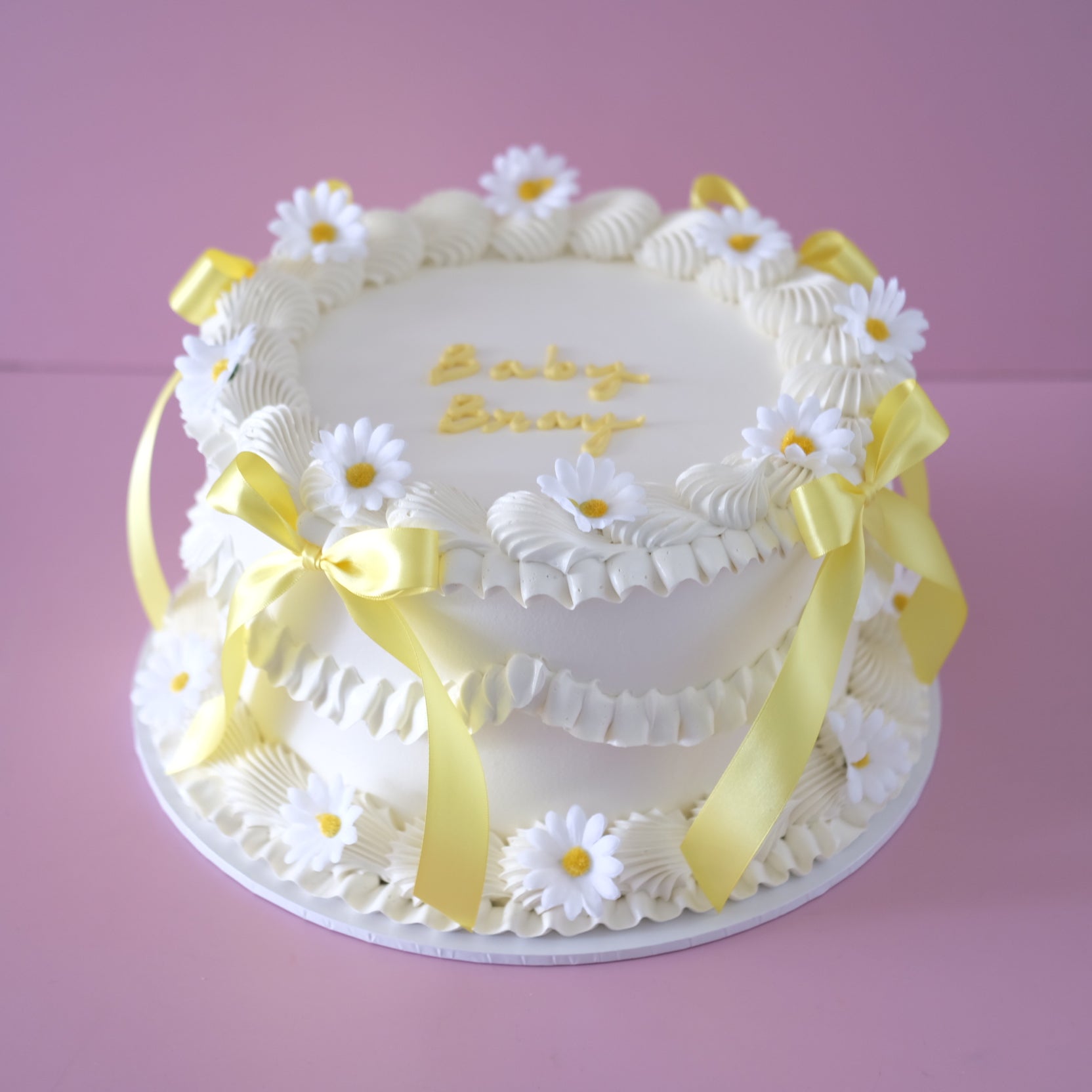Vintage Round Cake Coquette Daisy - side angle with yellow satin bows Brisbane
