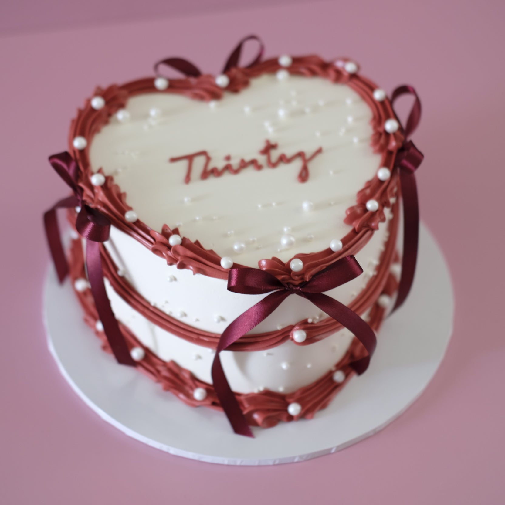 Vintage Heart Cake Merlot Coquette - front detail pearls and ribbon Brisbane