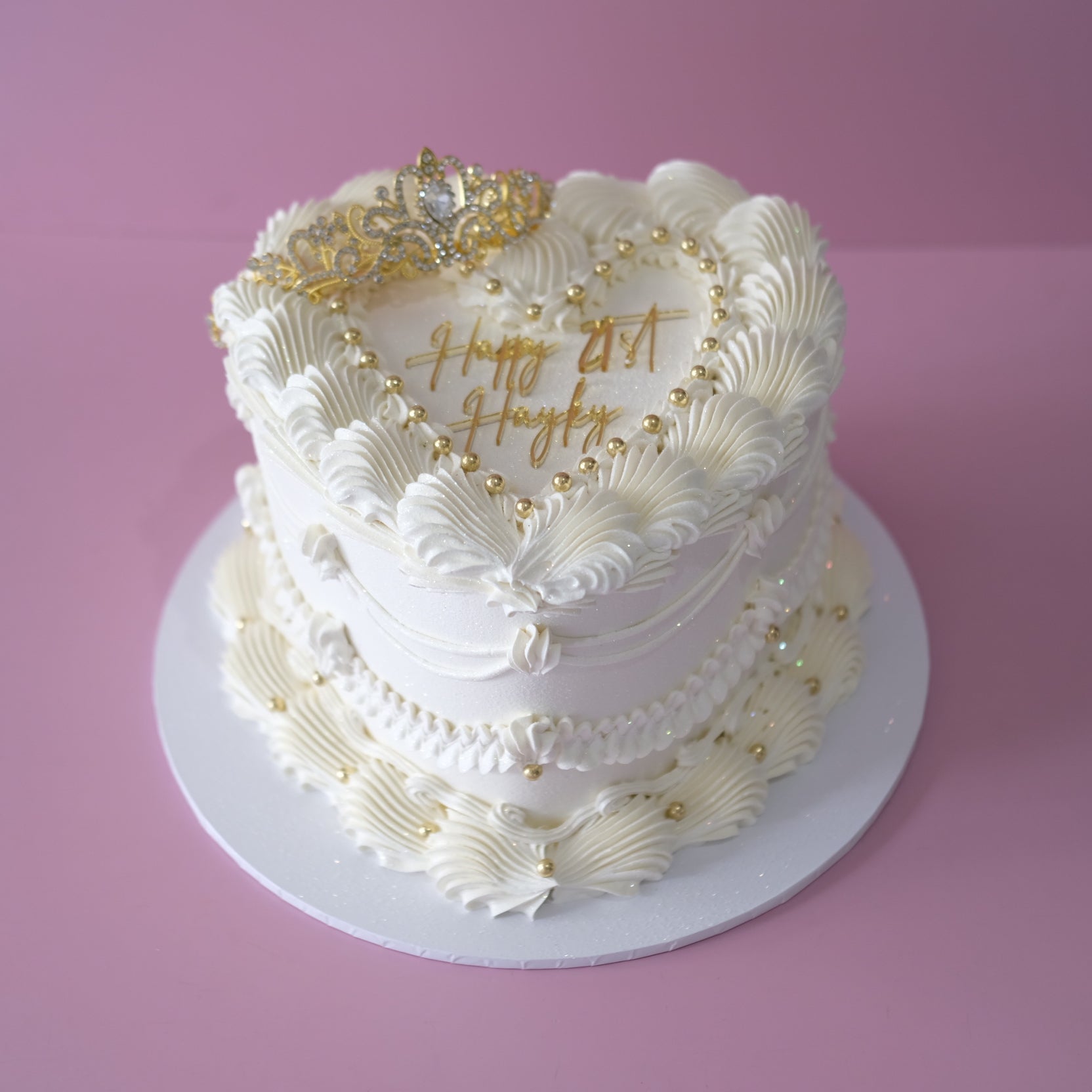 Vintage Heart Cake Royal Lady - elevated side angle with gold pearls Brisbane
