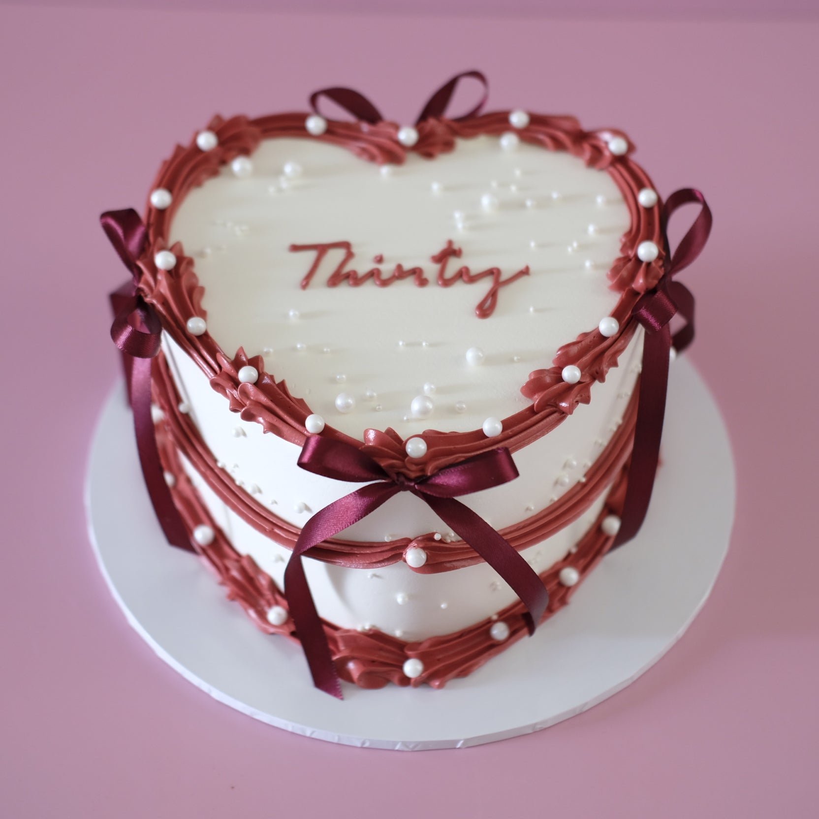 Vintage Heart Cake Merlot Coquette - side detail piping and bows Brisbane