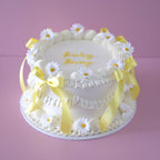 Vintage Round Cake Coquette Daisy - white shell piping with daisy blooms and yellow bows Brisbane