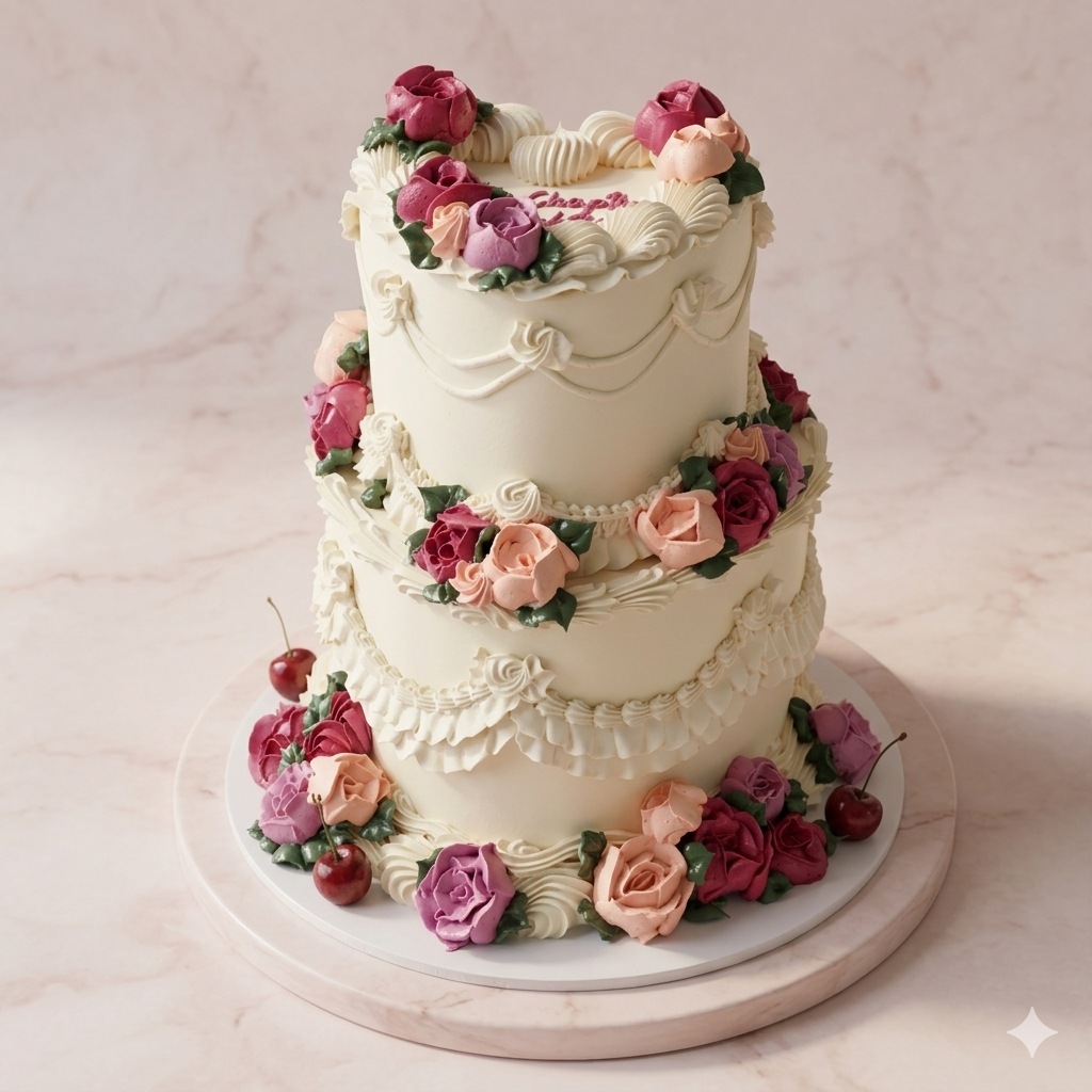 Lambeth Rose Garden 2 Tier Vintage Heart Cake - buttercream roses lambeth piping Brisbane