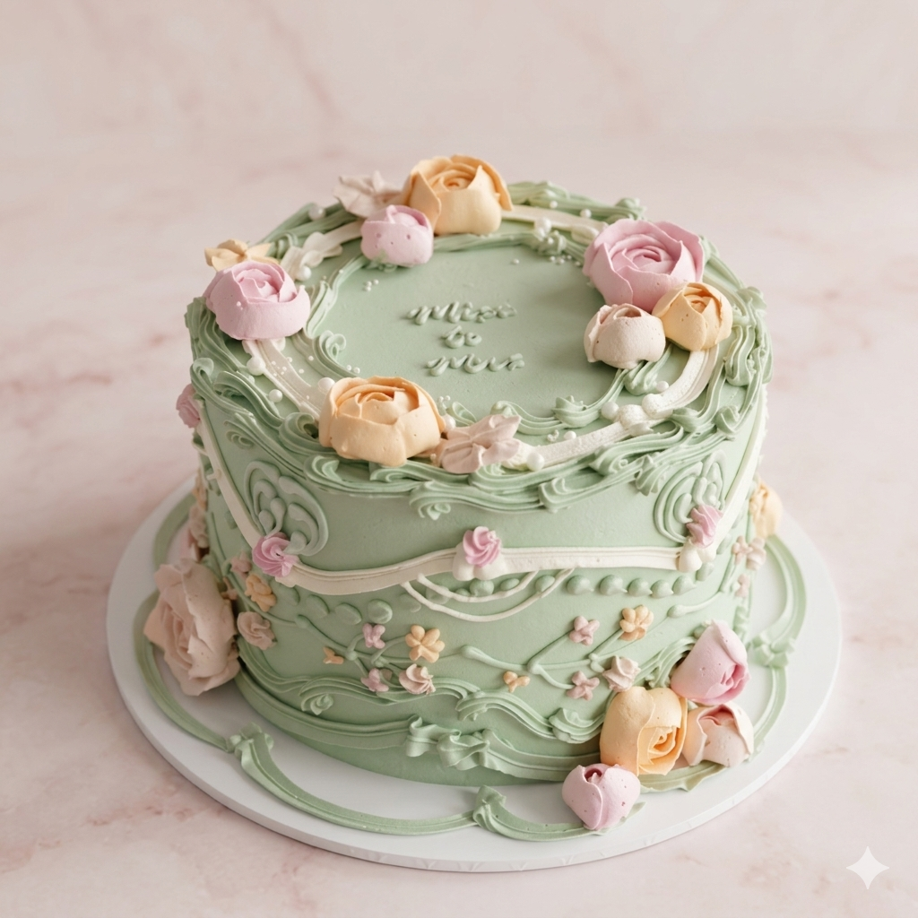 Vintage Round Cake Garden Rose and Sage Lambeth - hand-piped roses lambeth scrollwork Brisbane