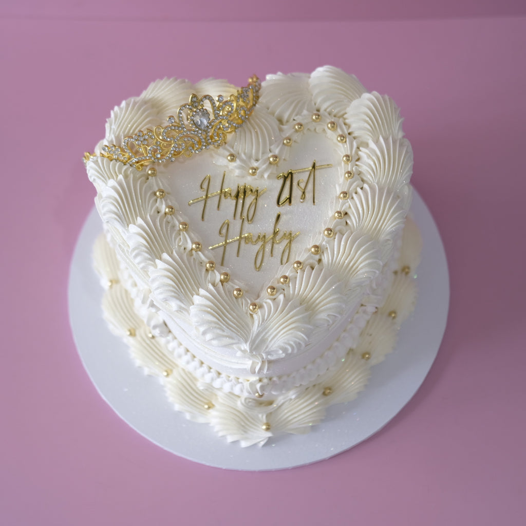 Vintage Heart Cake Royal Lady - overhead heart shape with lambeth piping and tiara Brisbane