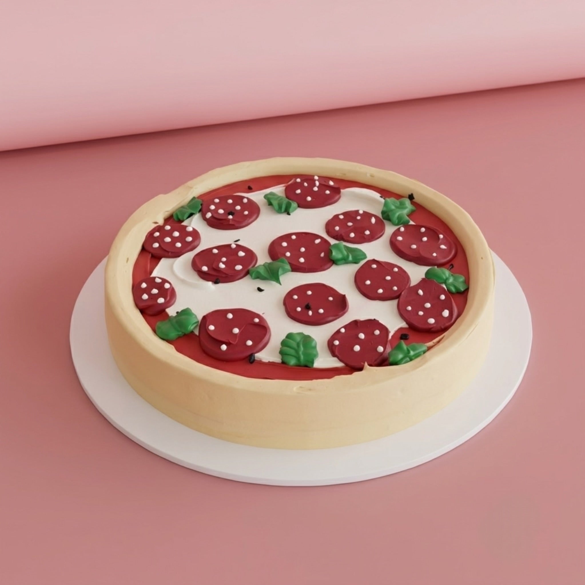 Pizza Themed Cake - golden buttercream crust with fondant pepperoni and basil Brisbane