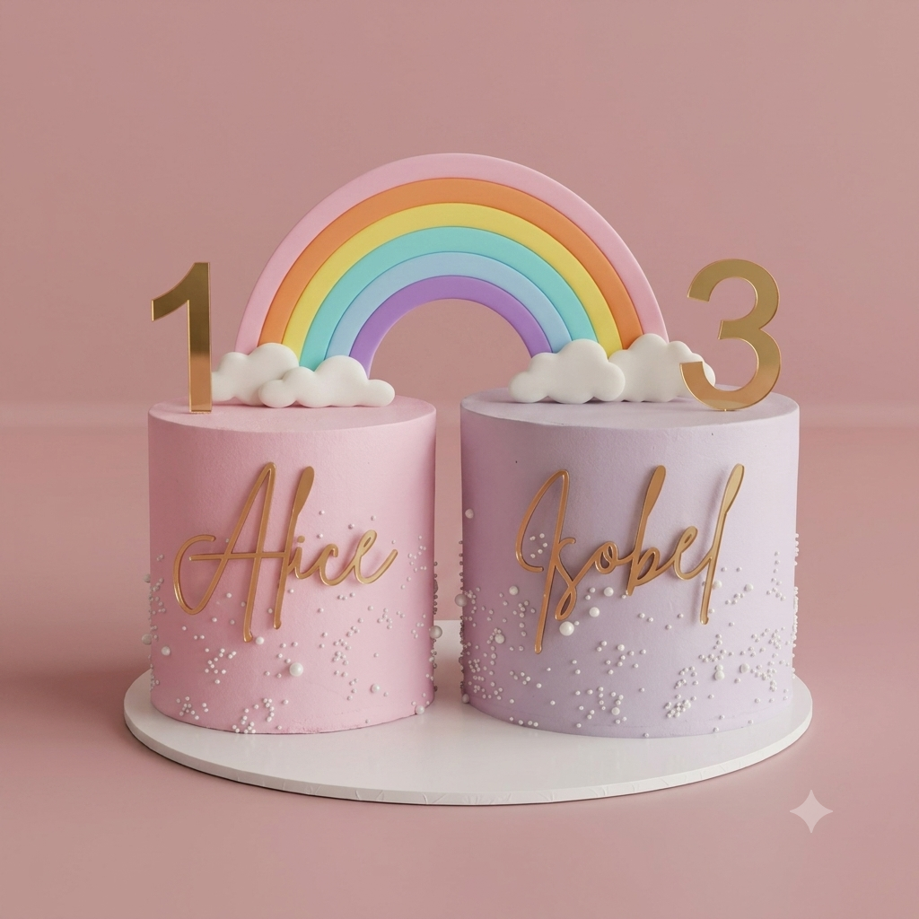 Rainbow Twins Themed Cake - pastel twin cake set with rainbow topper and numbers Brisbane