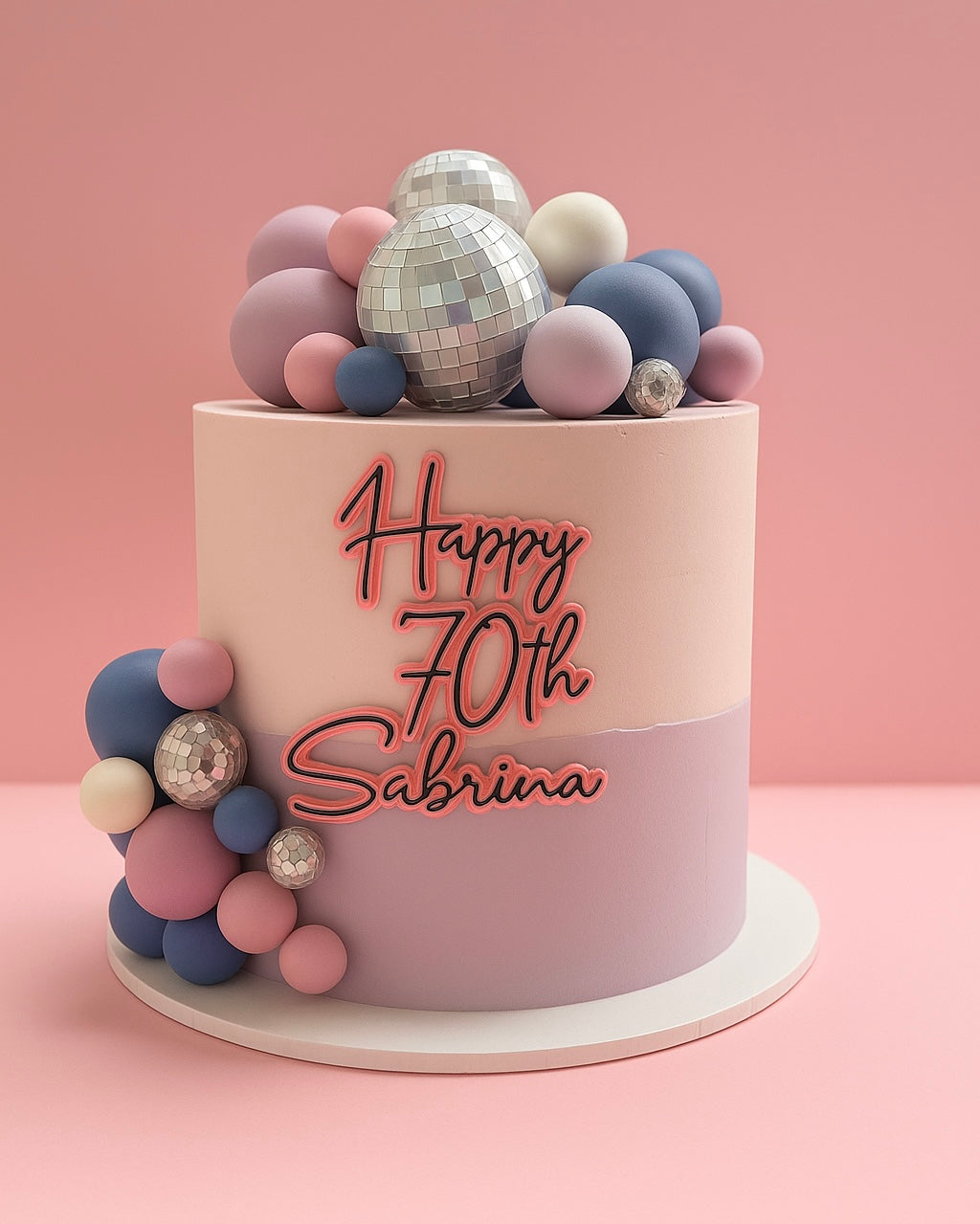 Disco Spheres Statement Cake - tall two-tone cake with mirror disco balls and pastel spheres Brisbane