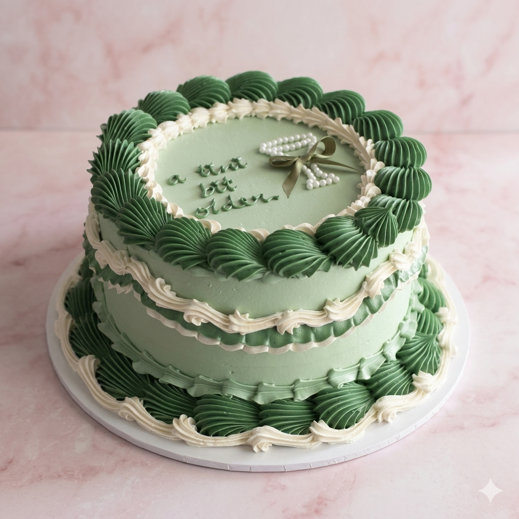 Sage Coquette Vintage Round Cake 2 Tiers - scalloped lambeth piping bow coquette Brisbane